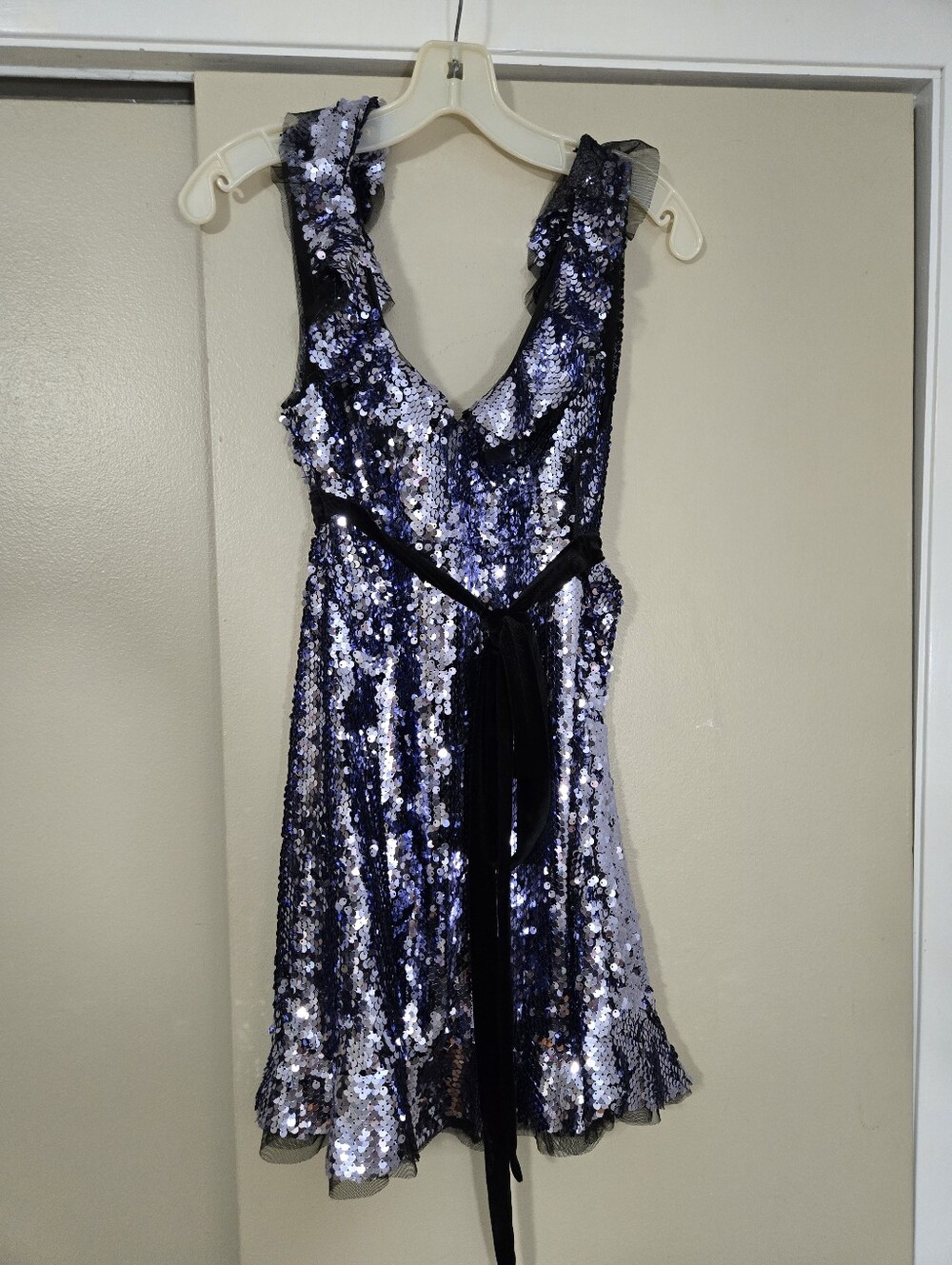 Free People Purple Sequin Siren Dress with Black Velvet Sash Size 0